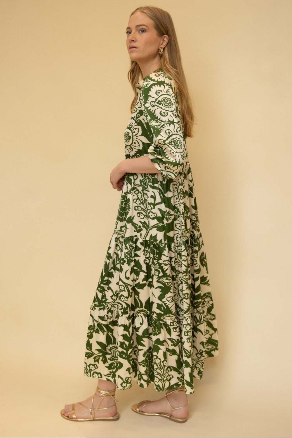 2-Tone Print Satin Collared ¾ Sleeve Tiered Maxi Dress
