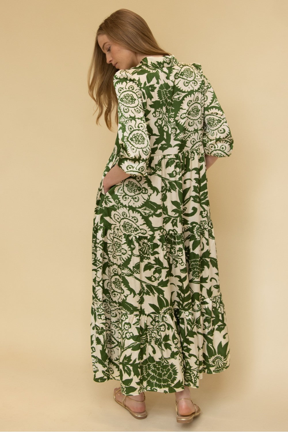 2-Tone Print Satin Collared ¾ Sleeve Tiered Maxi Dress