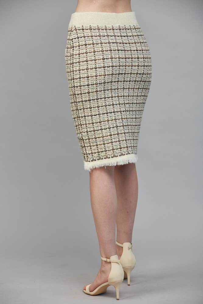 Check Pattern Tweed Knit Ivory Multi Skirt