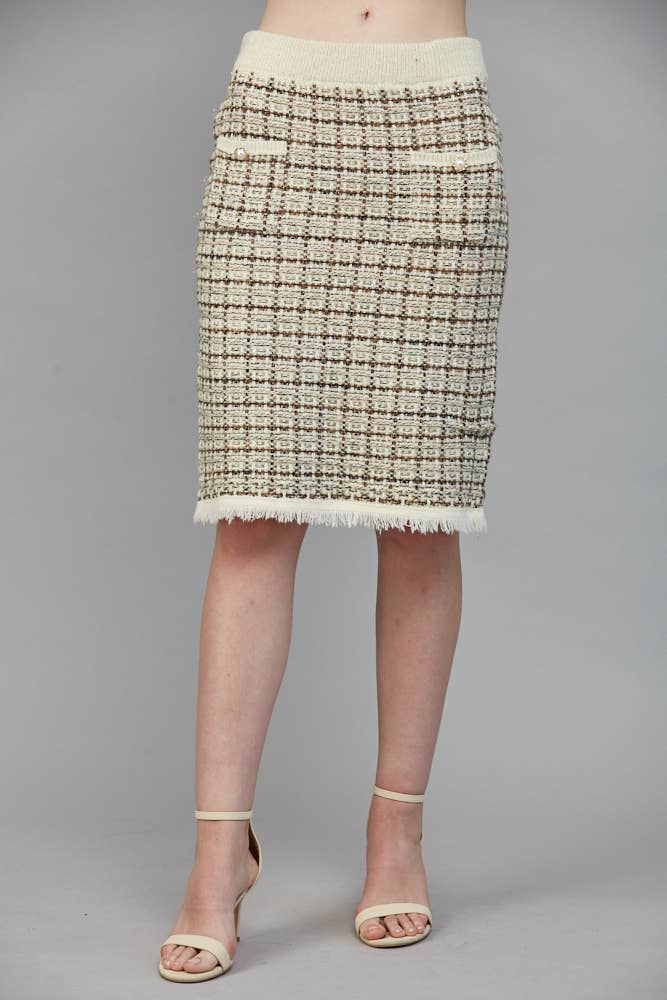 Check Pattern Tweed Knit Ivory Multi Skirt