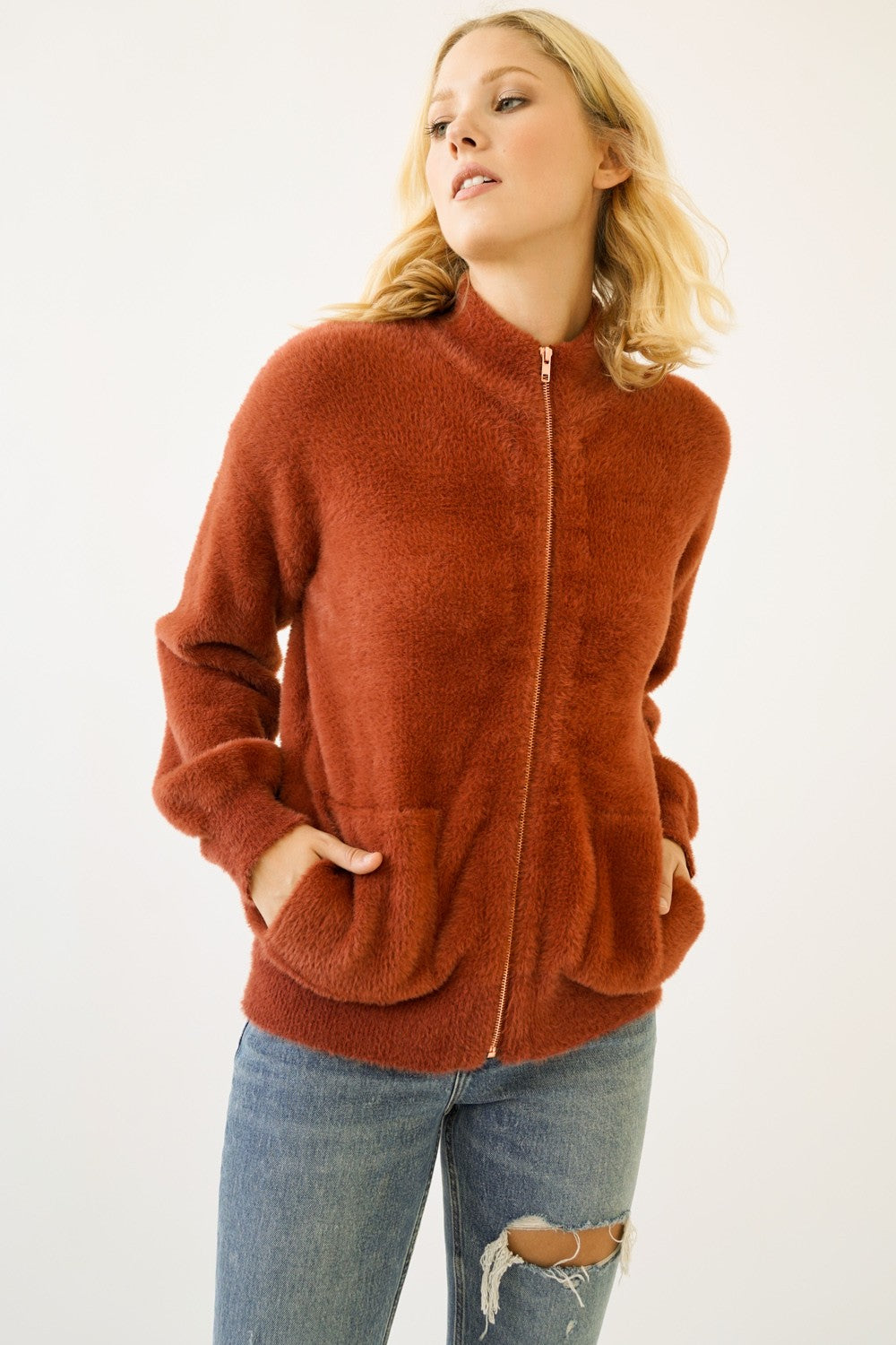 Eyelash Cozy Zip Front Bomber Jacket