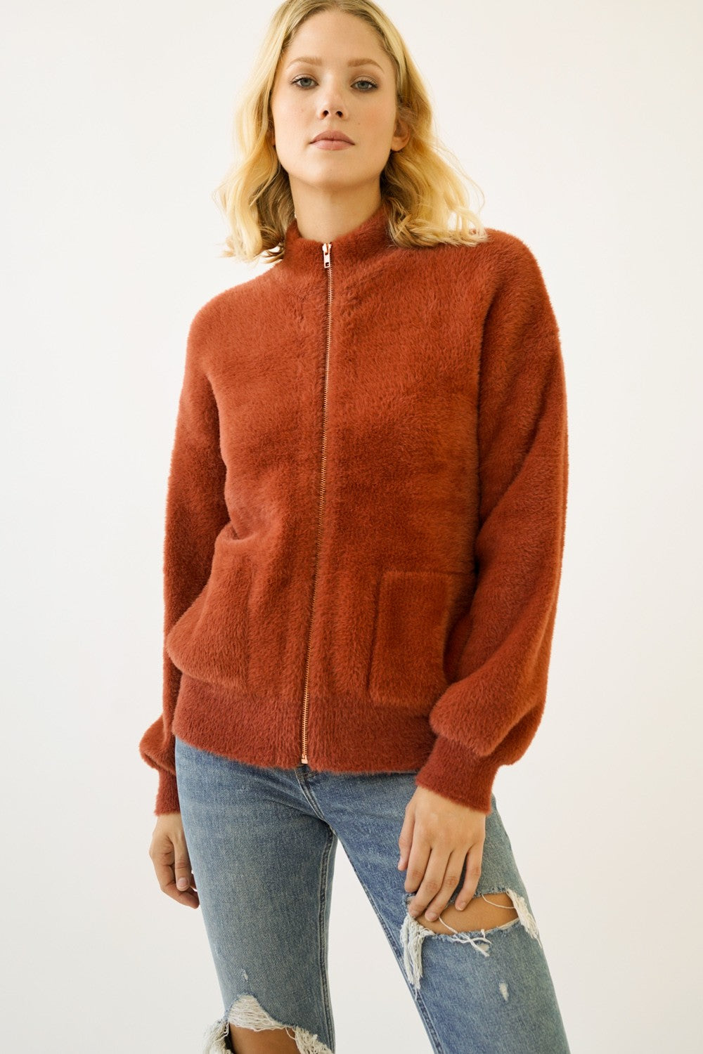 Eyelash Cozy Zip Front Bomber Jacket