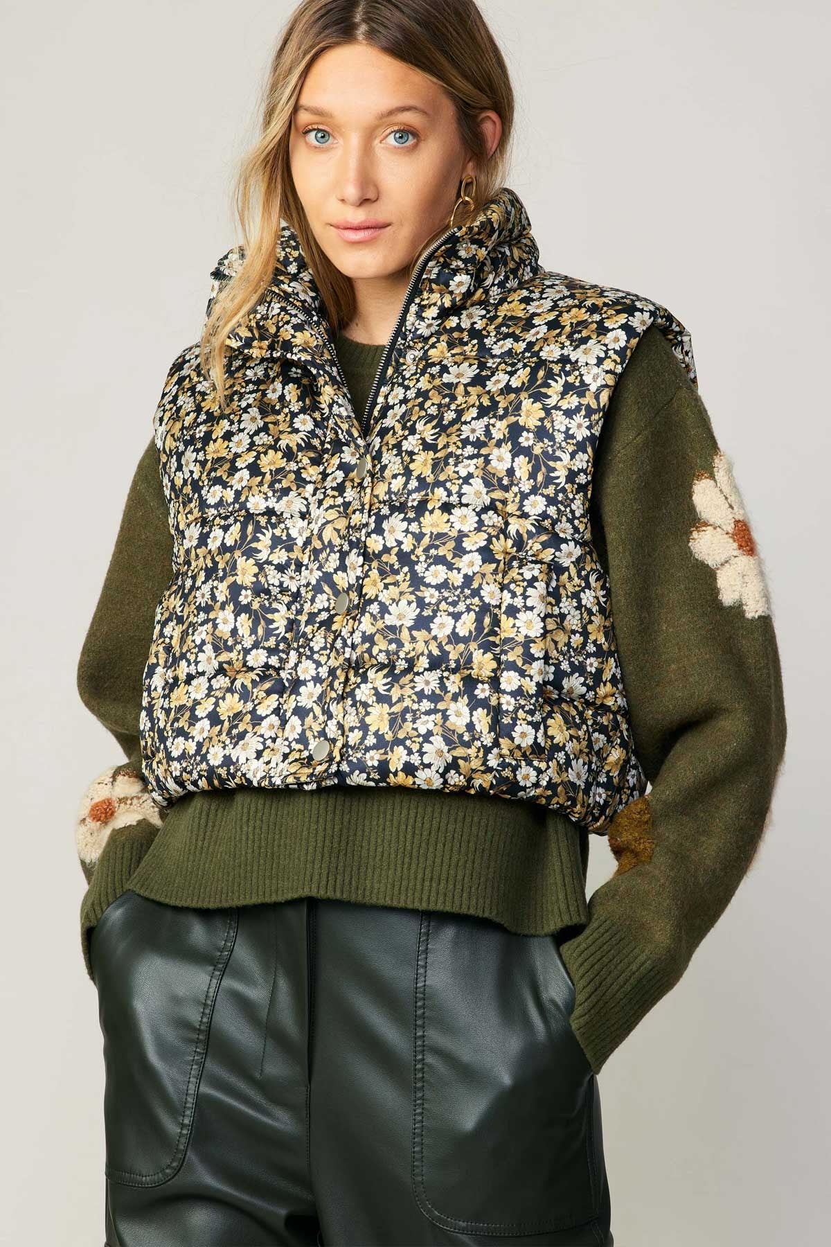 Floral Print SLVSL Vest Stand Up Collar