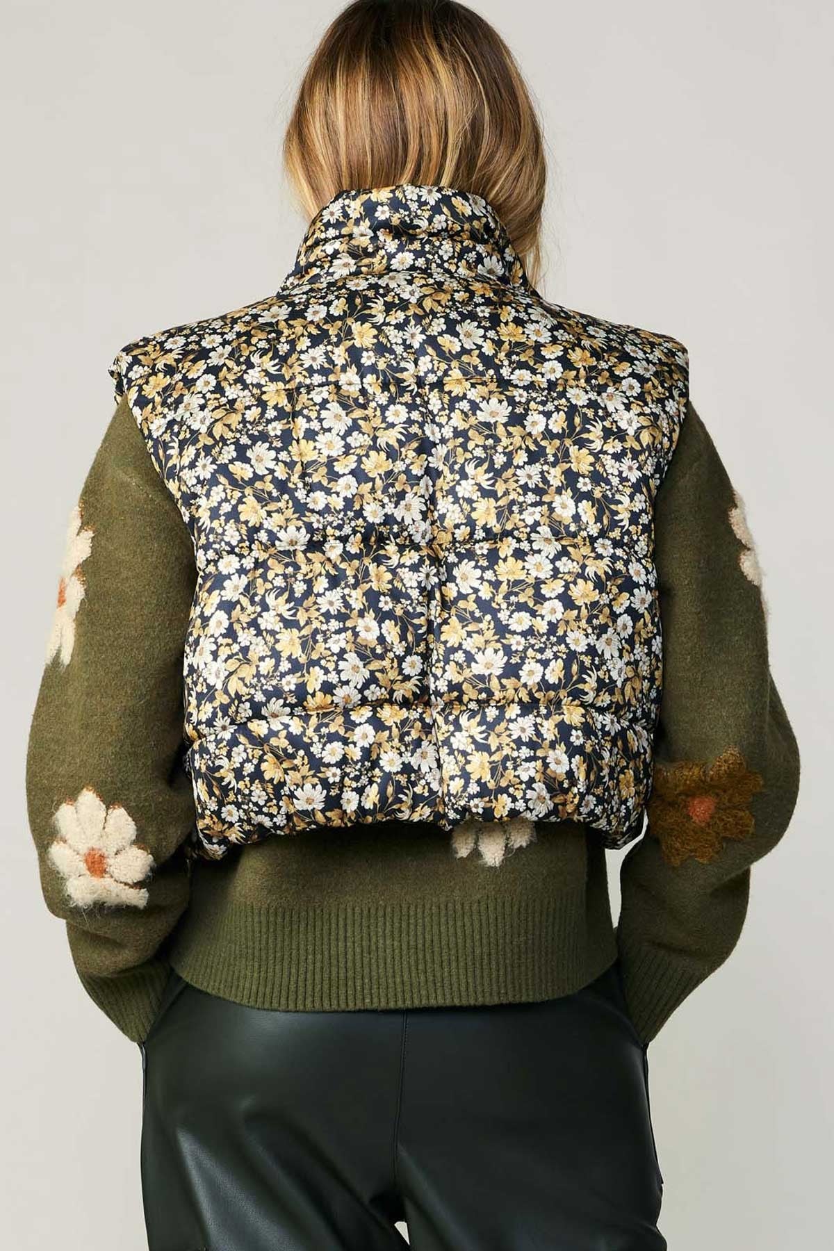 Floral Print SLVSL Vest Stand Up Collar