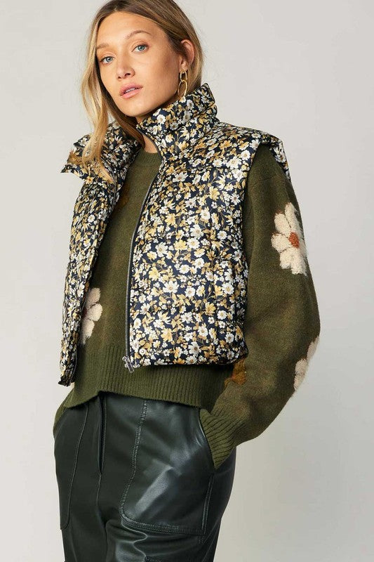 Floral Print SLVSL Vest Stand Up Collar