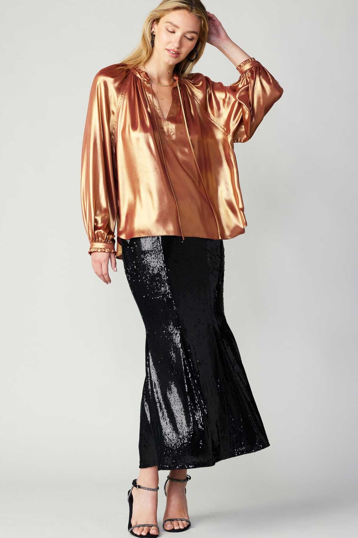 Liquid Copper Iridescent Long Sleeve Ruffle Neck Top