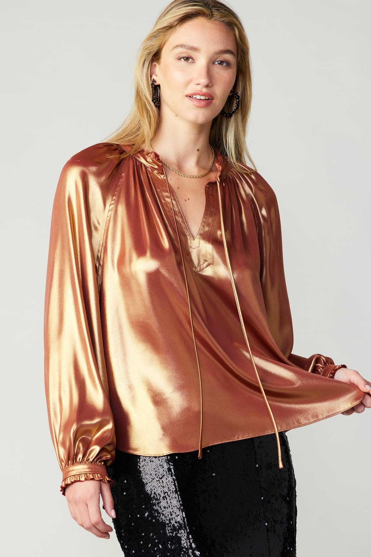 Liquid Copper Iridescent Long Sleeve Ruffle Neck Top
