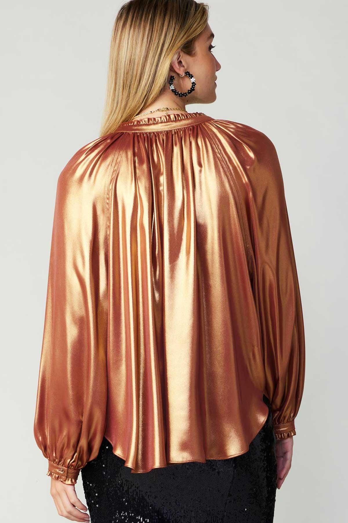 Liquid Copper Iridescent Long Sleeve Ruffle Neck Top