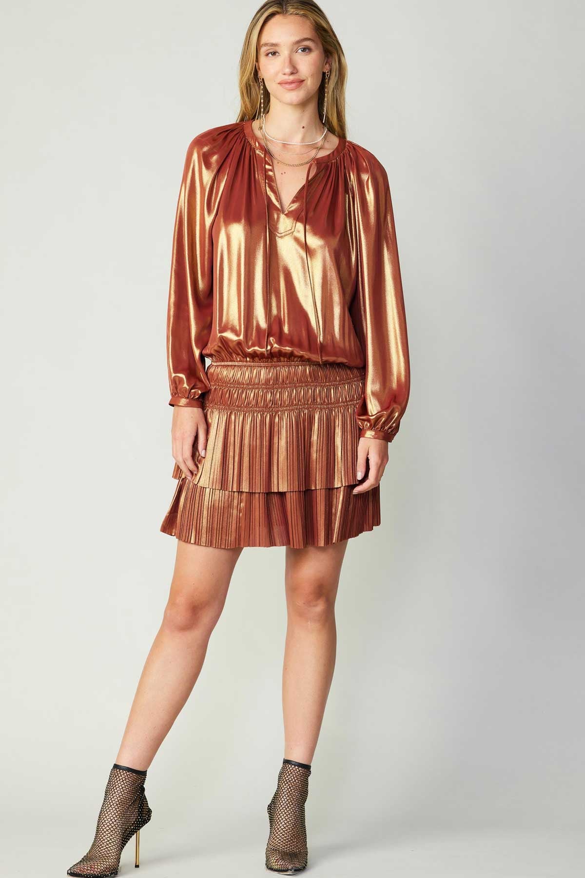 Copper Iridescent Long Sleeve Pleated Mini Dress
