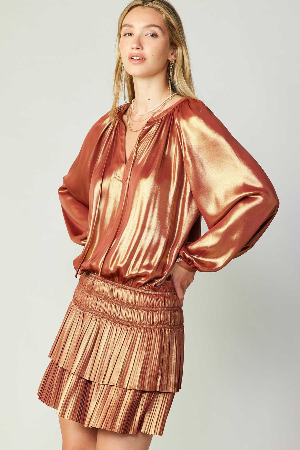Copper Iridescent Long Sleeve Pleated Mini Dress