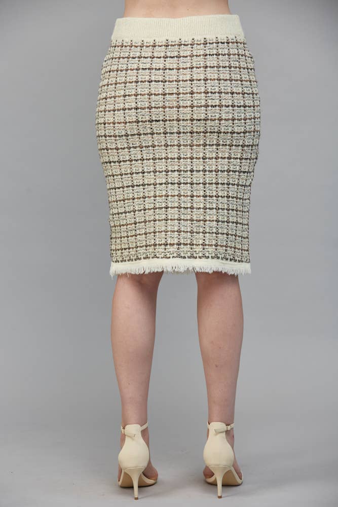 Check Pattern Tweed Knit Ivory Multi Skirt