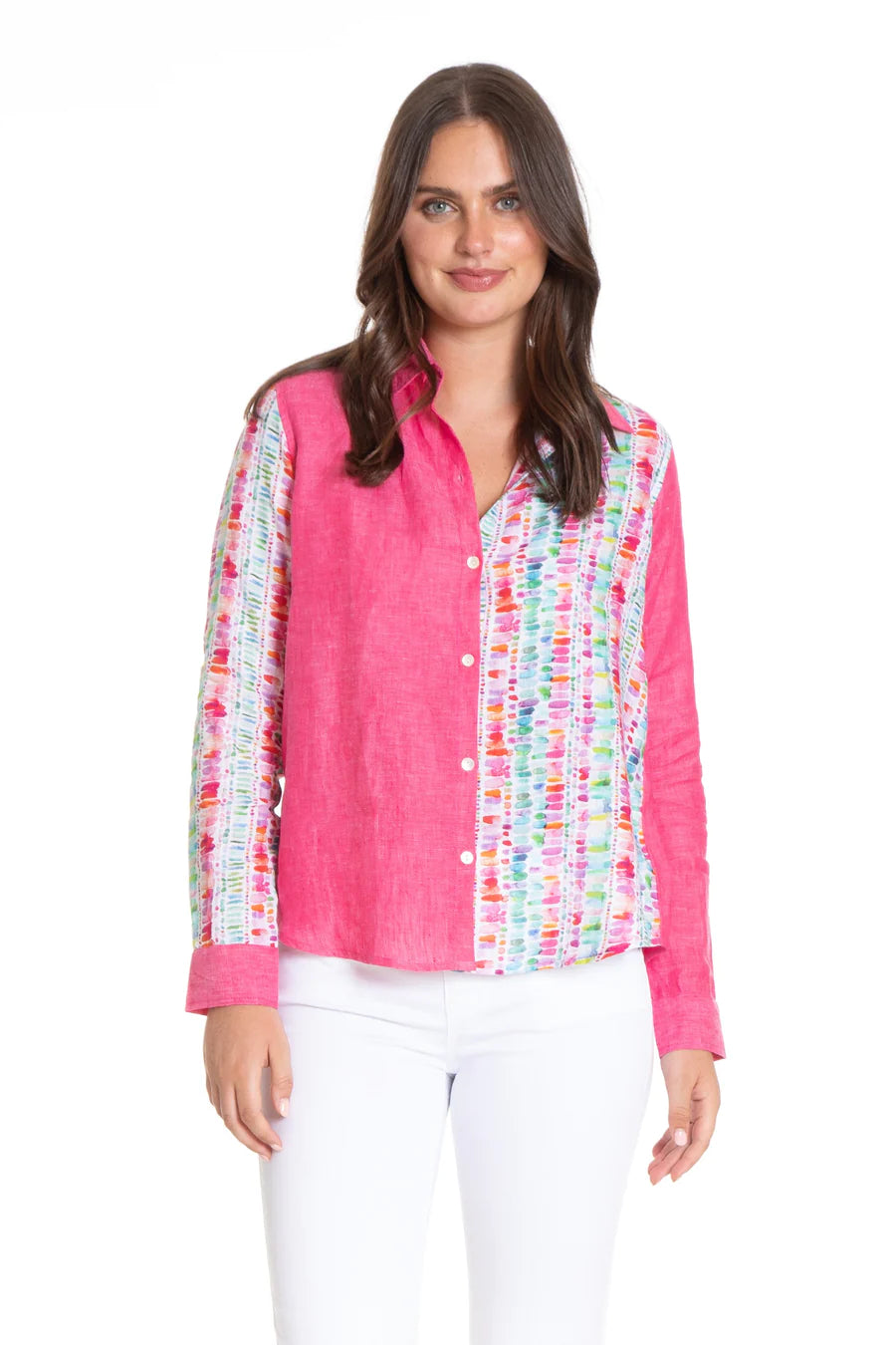 Button-up Top with Roll up Tab Sleeve/ Mix Media
