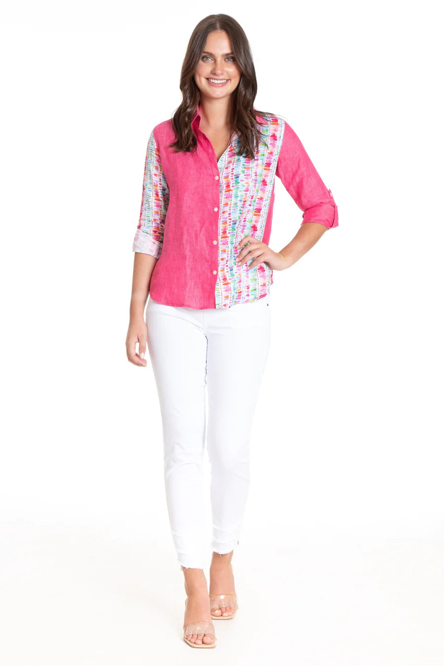 Button-up Top with Roll up Tab Sleeve/ Mix Media