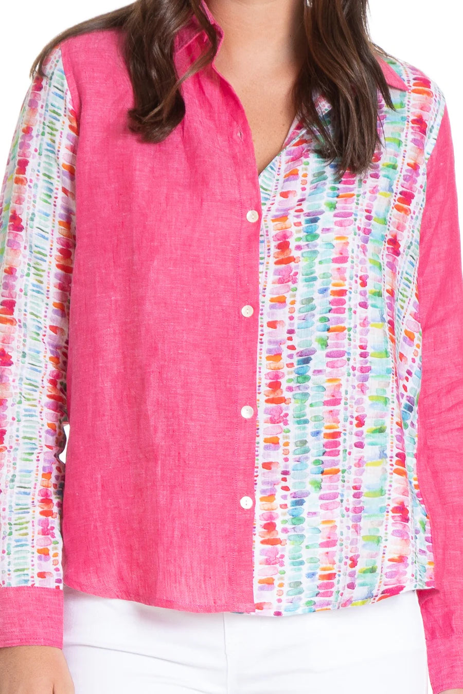 Button-up Top with Roll up Tab Sleeve/ Mix Media