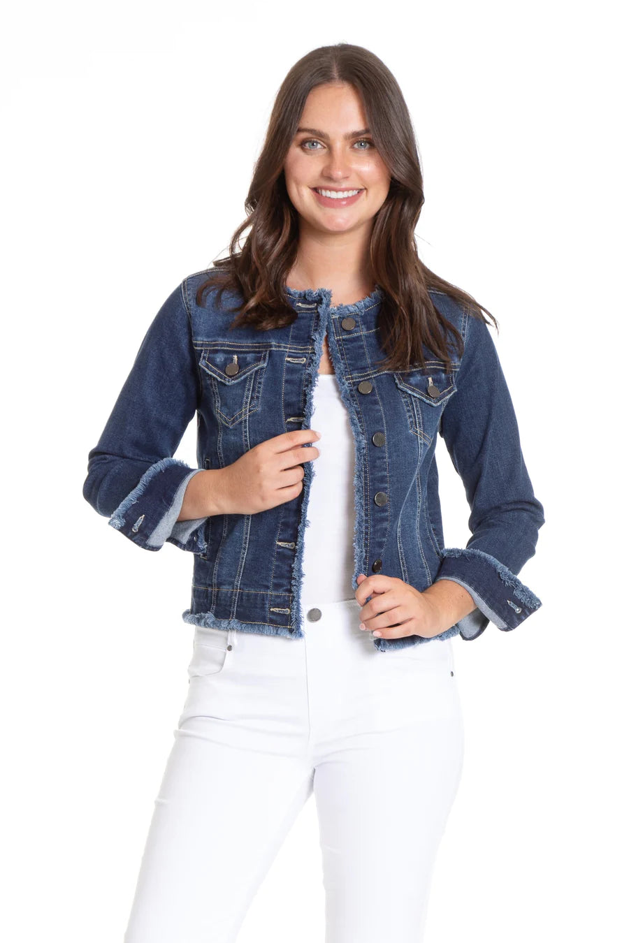 Denim Collarless Frayed Edge Jacket