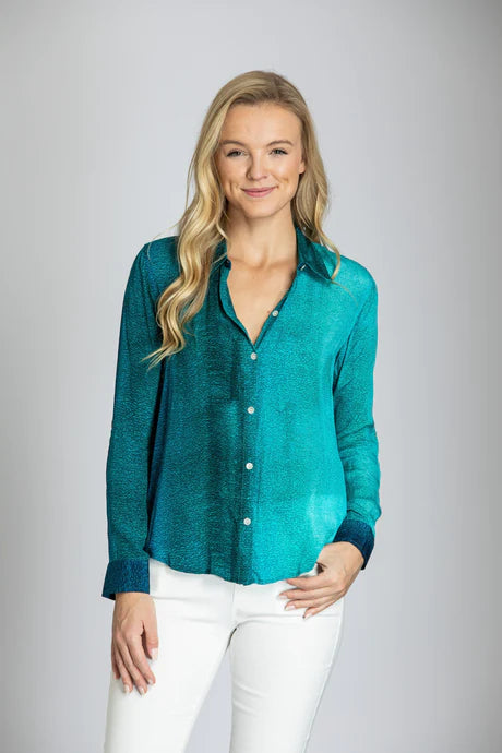 Ombre/ Dip-dye Button-up Top With Roll-up Tab Sleeve