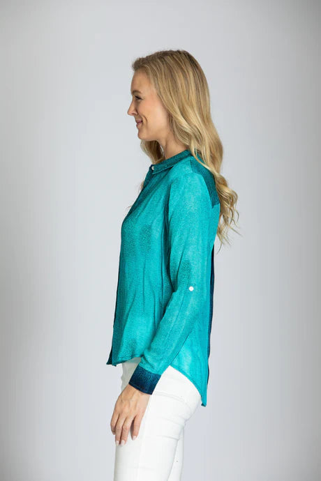 Ombre/ Dip-dye Button-up Top With Roll-up Tab Sleeve