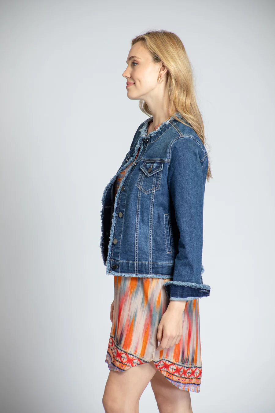 Denim Collarless Frayed Edge Jacket