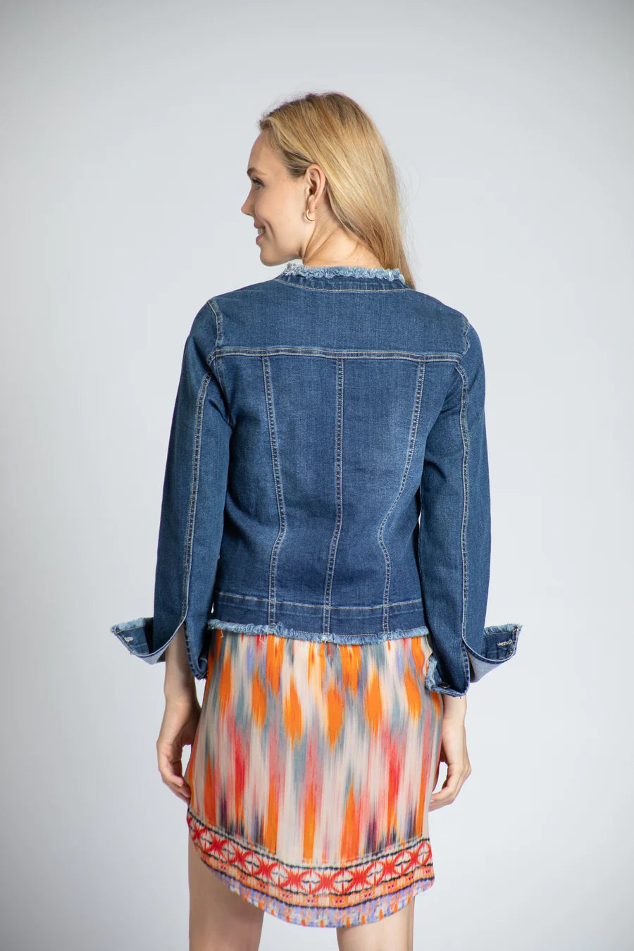Denim Collarless Frayed Edge Jacket