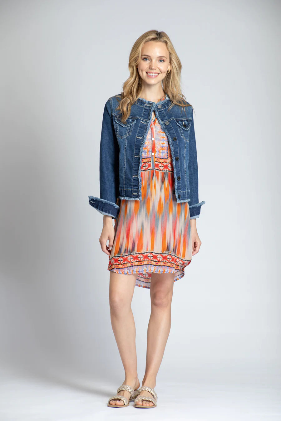 Denim Collarless Frayed Edge Jacket