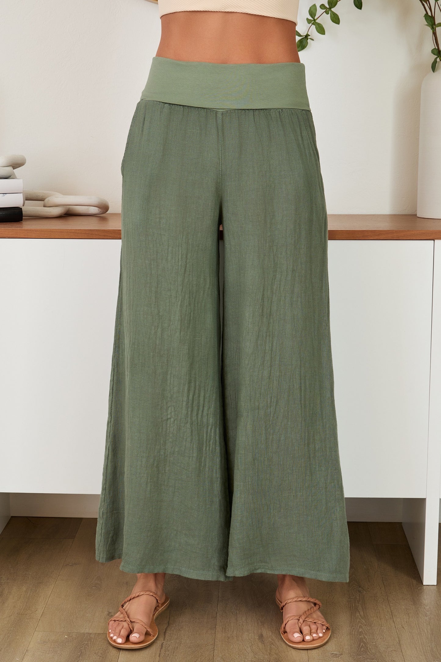 Fold Over Waist Linen Palazzo
