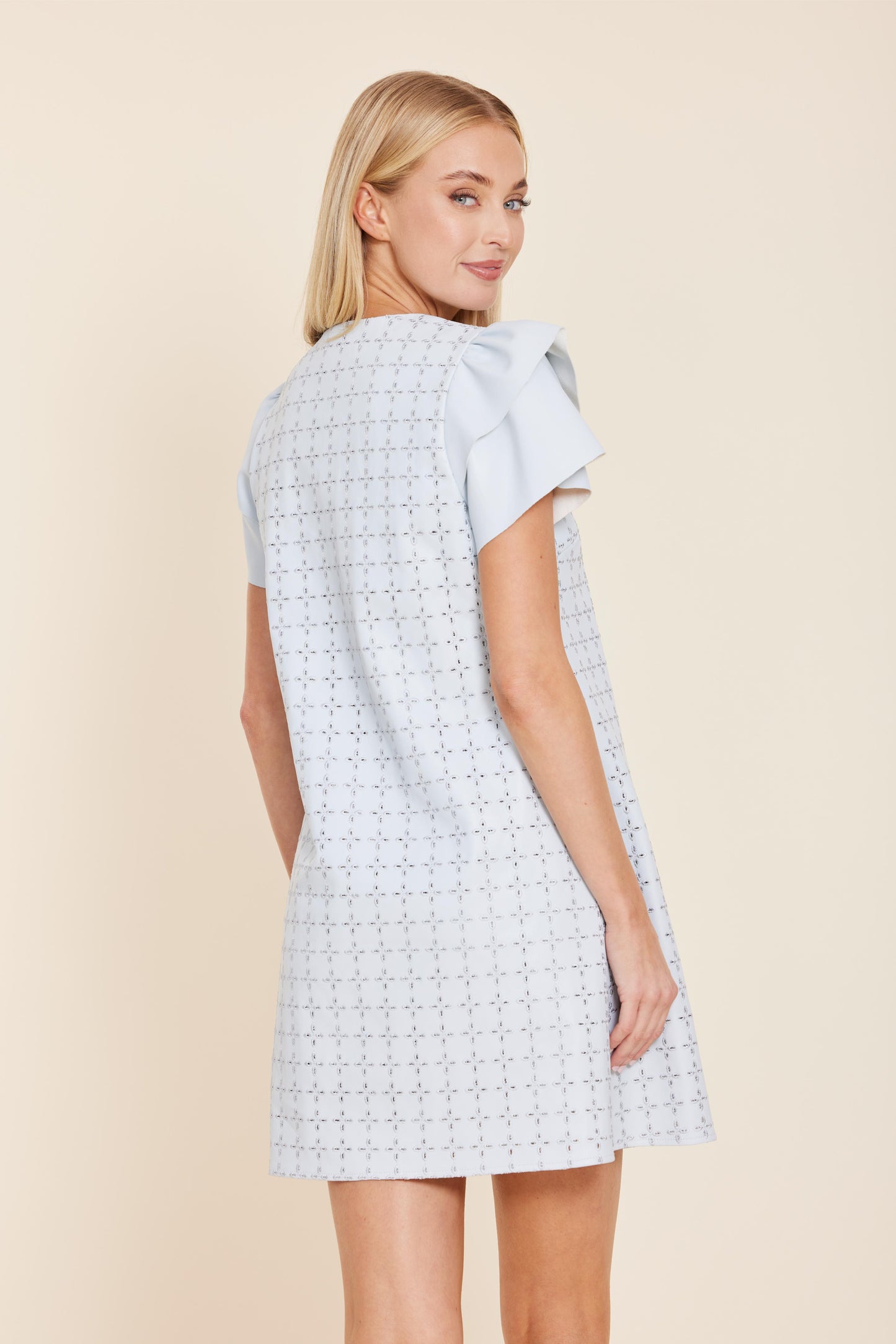 Vegan Leather Embroidered Flutter Sleeve Dress