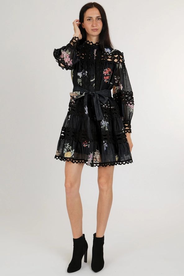 Floral Print Cutout Lace Detail A-Line Mini Dress