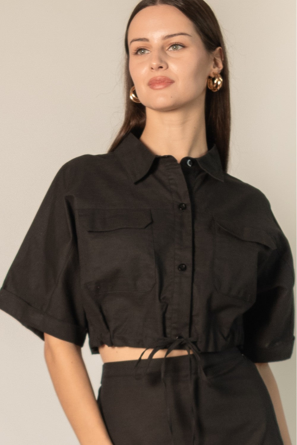 Linen Blend Cropped Drawstring Top
