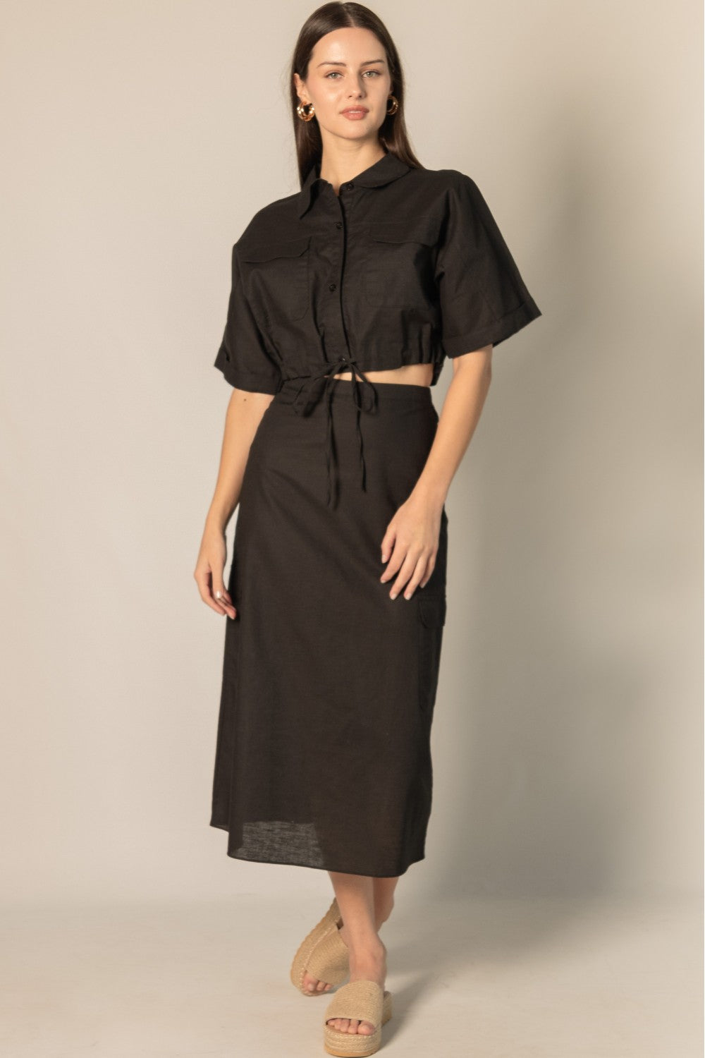 Linen Blend Cropped Drawstring Top