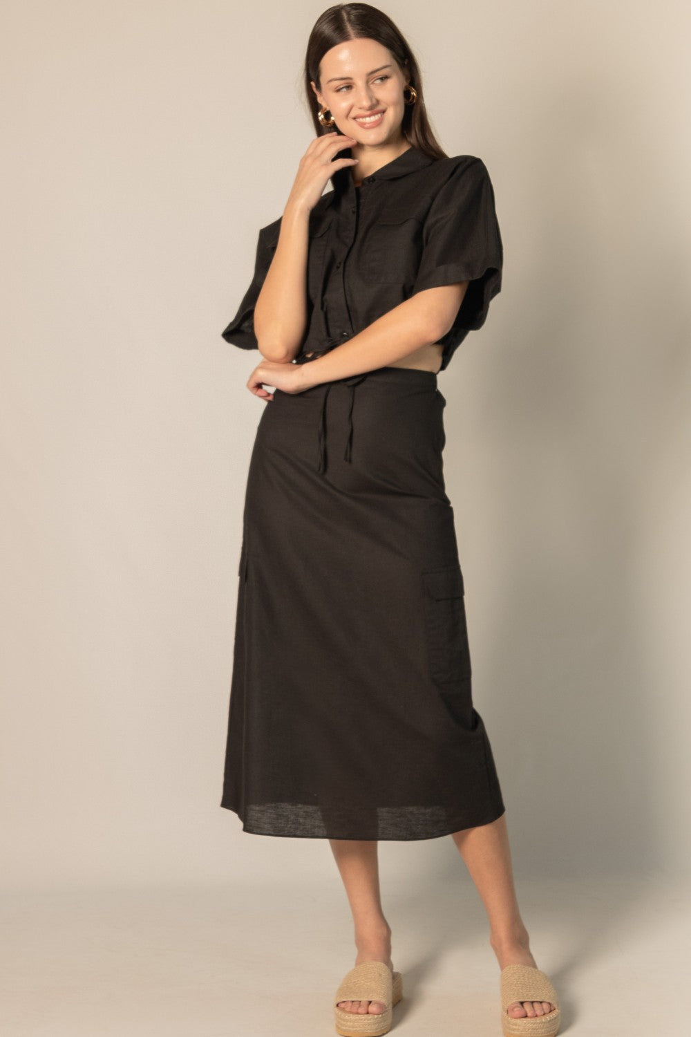 Linen Blend Cropped Drawstring Top