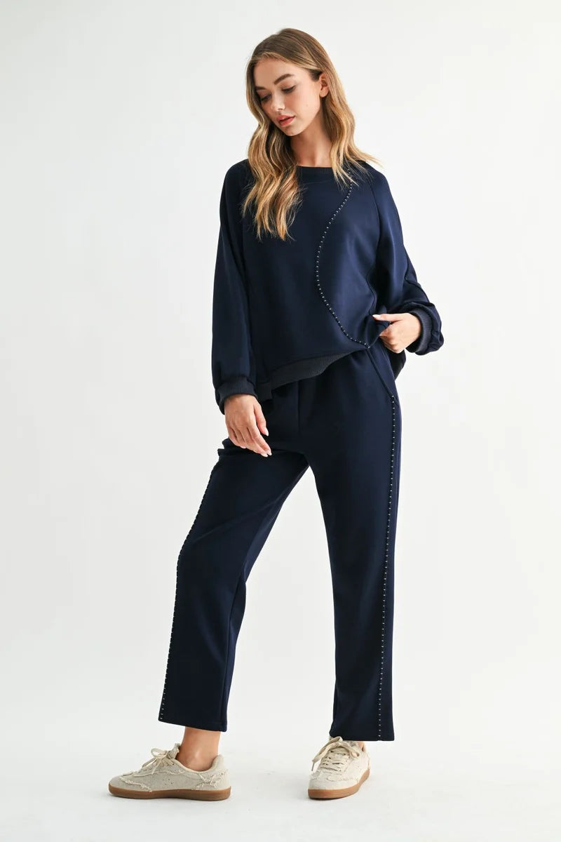 Navy Relaxed Top w/ Tonal Stitch Design