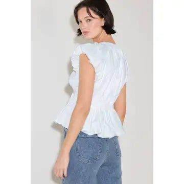 Woven White Top Bubble Sleeve & Hem