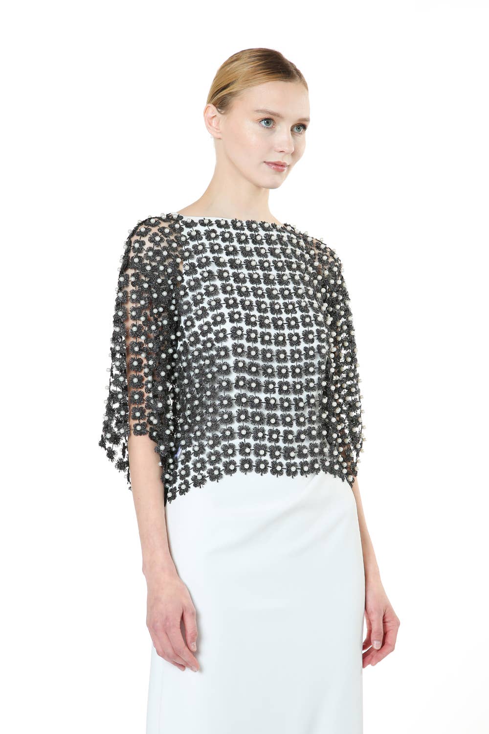 Shimmer Flowermesh with Pearl Beads Short Sleeve Top