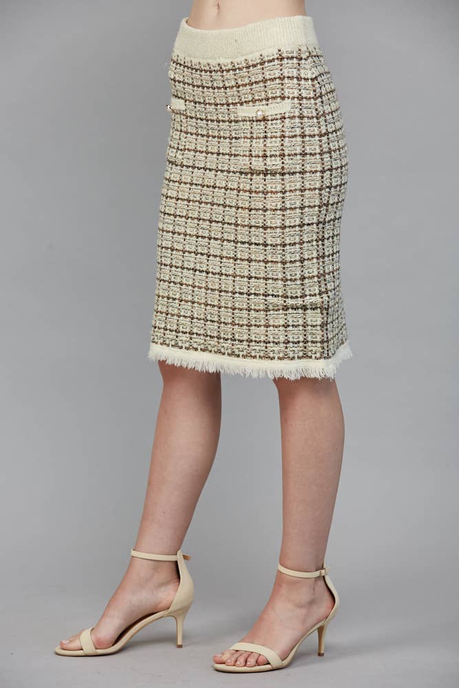 Check Pattern Tweed Knit Ivory Multi Skirt