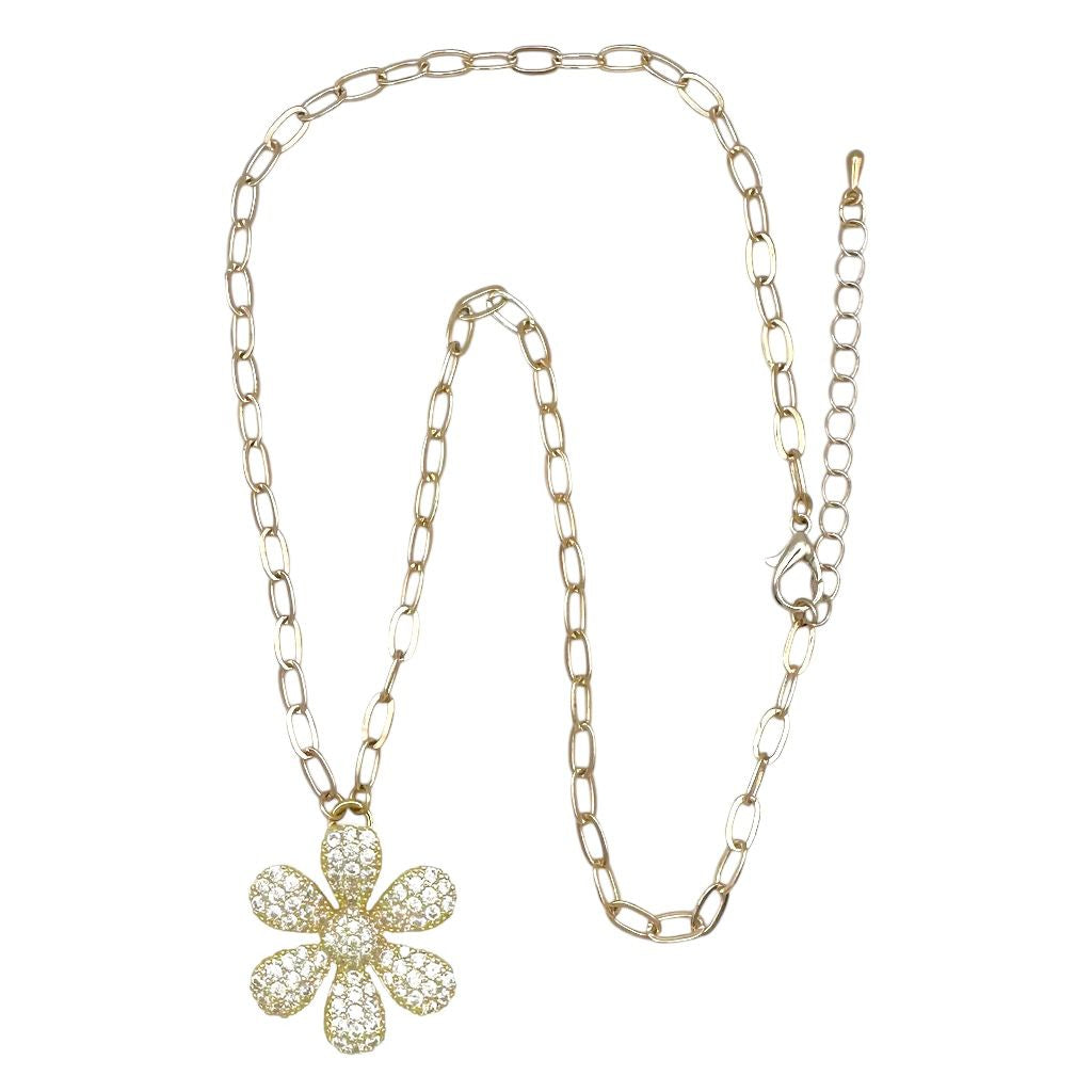 GOLD CHAIN NECKLACE W/PAVE FLOWER PEND JN3119
