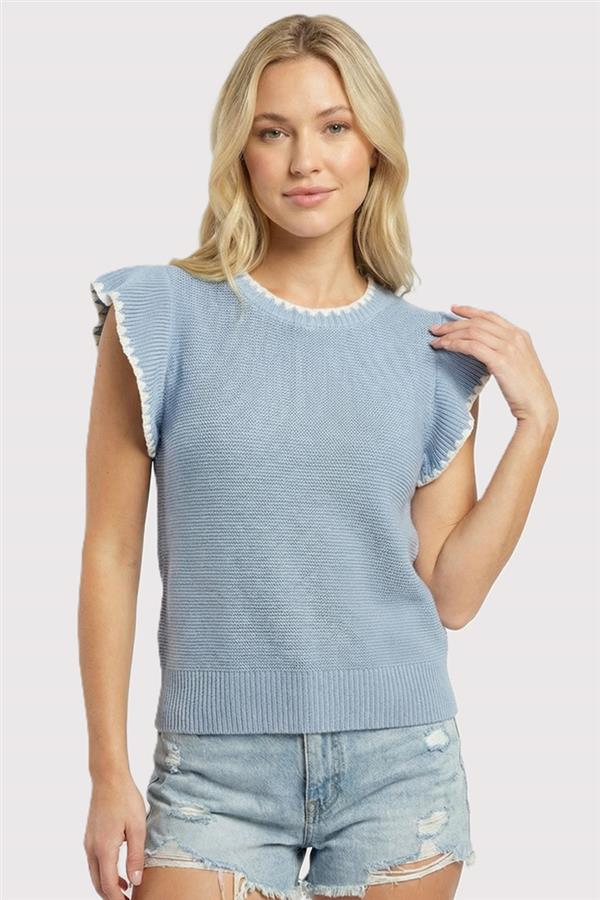 Blanket Stitch Ruffle Short Sleeve Top-Chambray