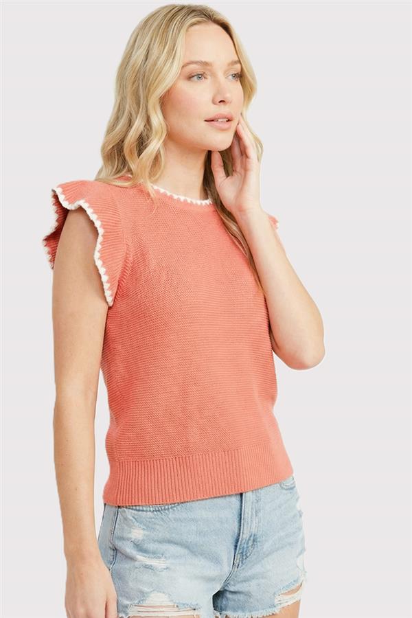 Blanket Stitch Ruffle Short Sleeve Top-Papaya