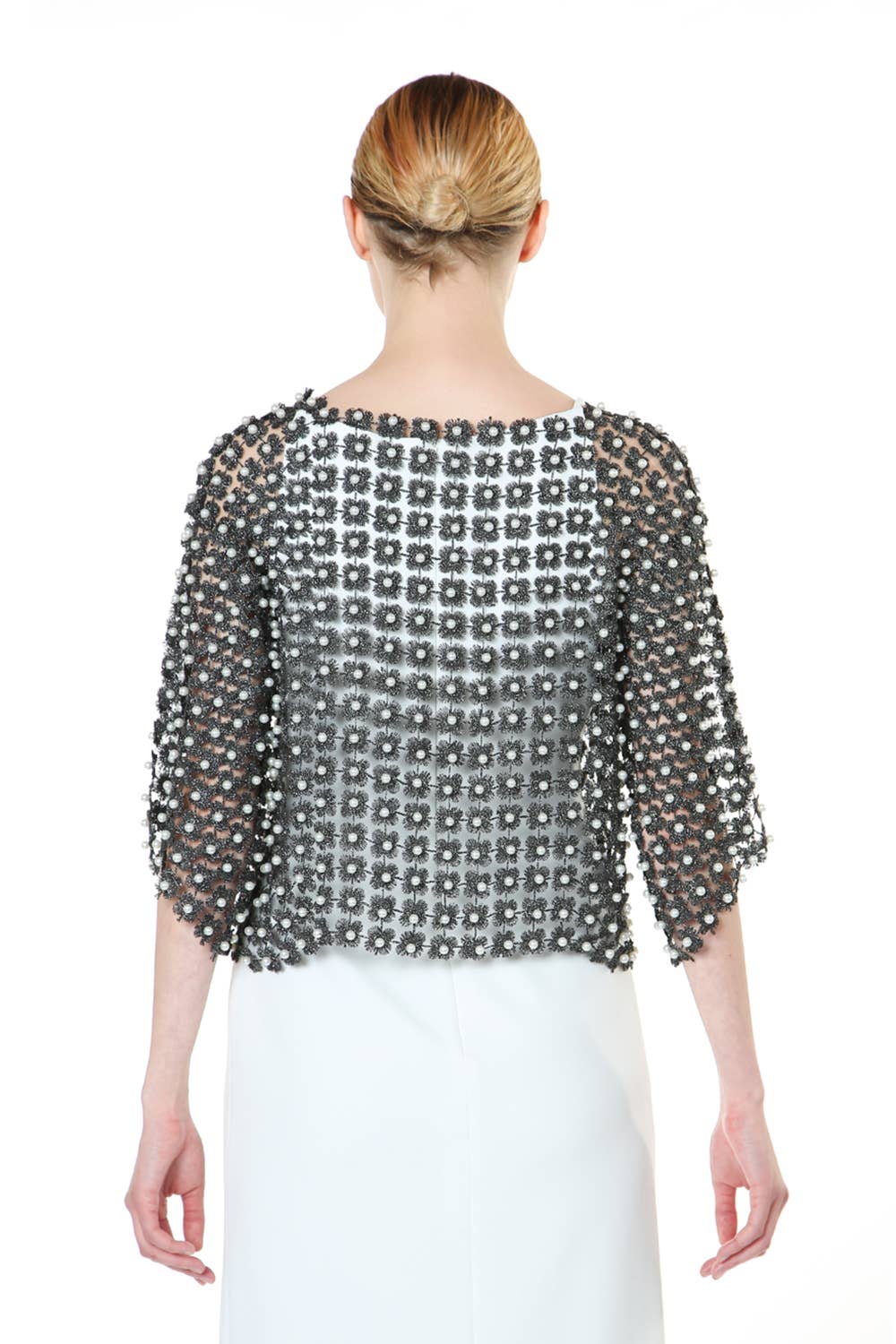Shimmer Flowermesh with Pearl Beads Short Sleeve Top