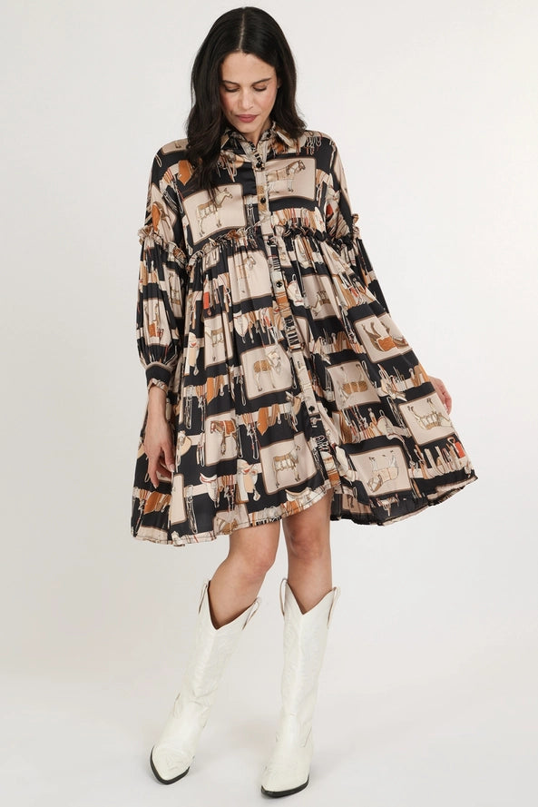 Horse Printed Frill Satin Midi Dress - One Size