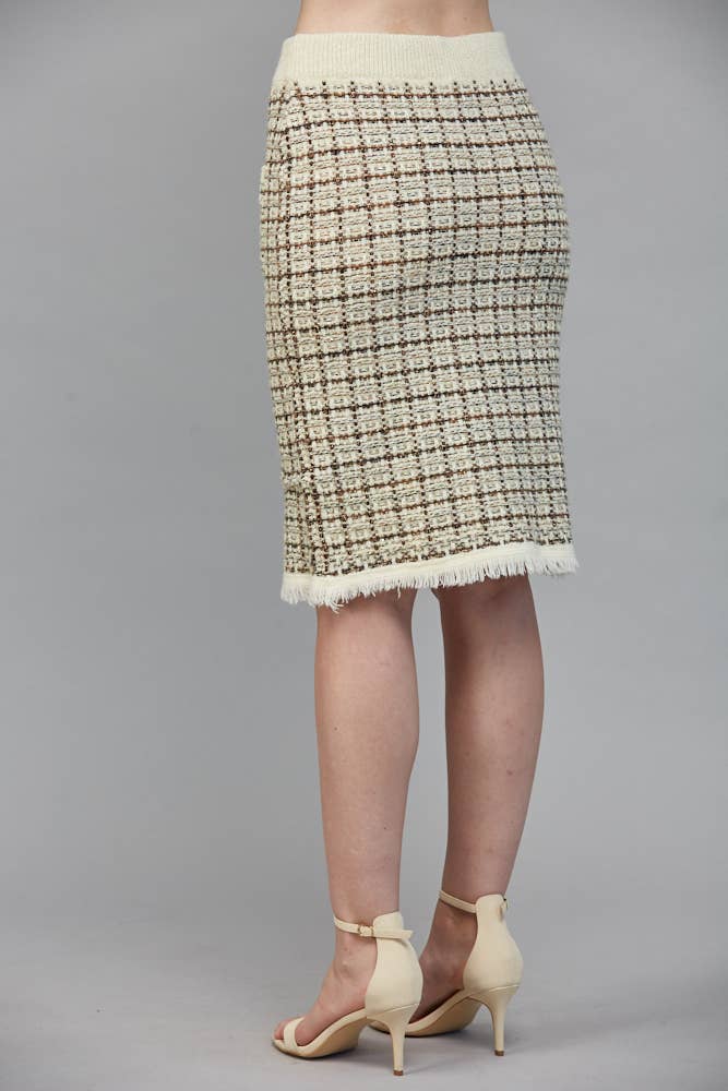 Check Pattern Tweed Knit Ivory Multi Skirt