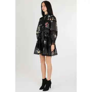 Floral Print Cutout Lace Detail A-Line Mini Dress