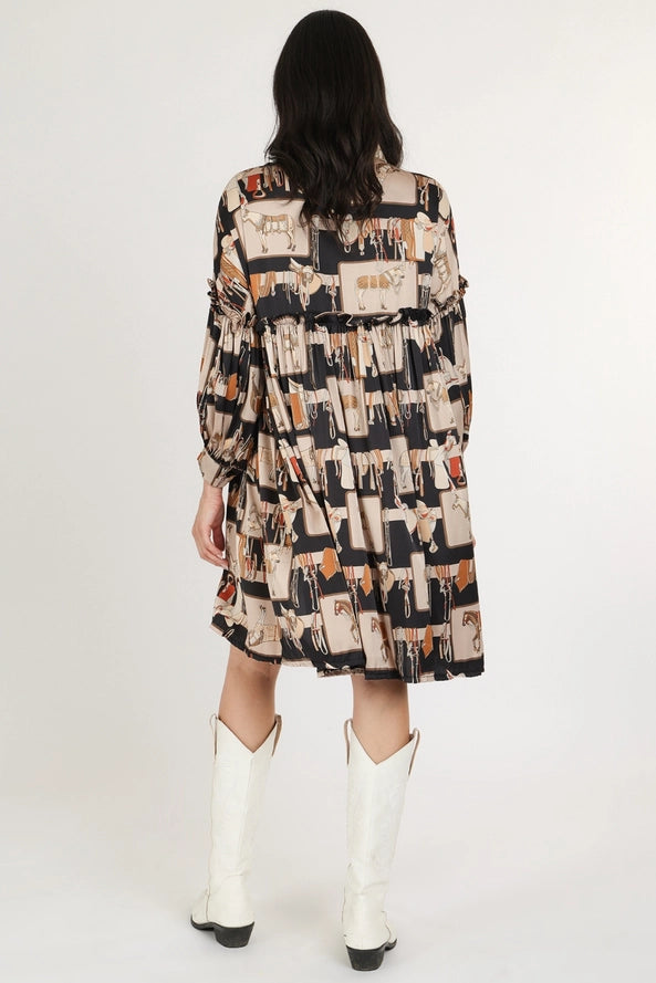 Horse Printed Frill Satin Midi Dress - One Size