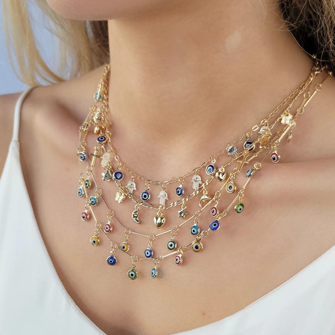 864NK013 - Gold Filled Hamsa and Eye Chain