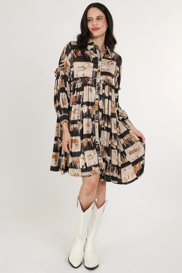 Horse Printed Frill Satin Midi Dress - One Size