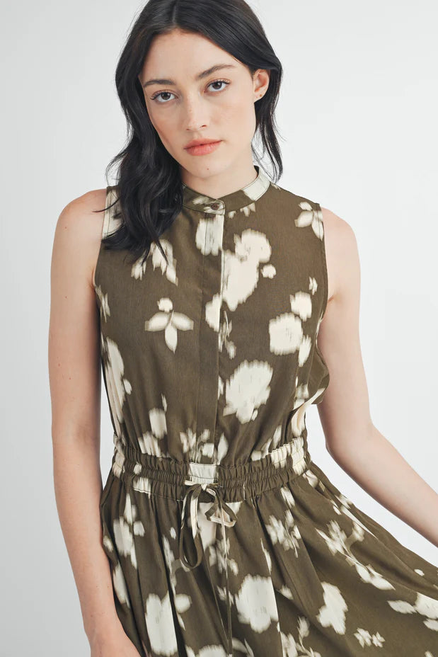Button Sleeveless Brown Print Dress