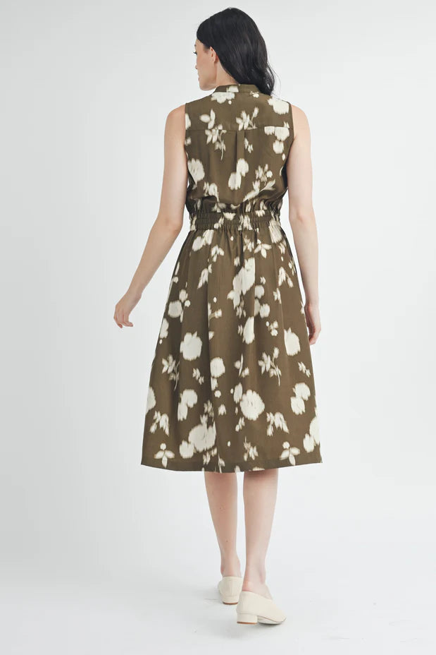 Button Sleeveless Brown Print Dress