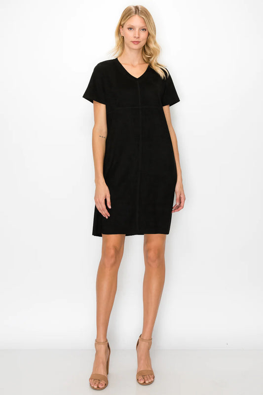 V- Neck Short Sleeve Faux Suede Dress with Pockets