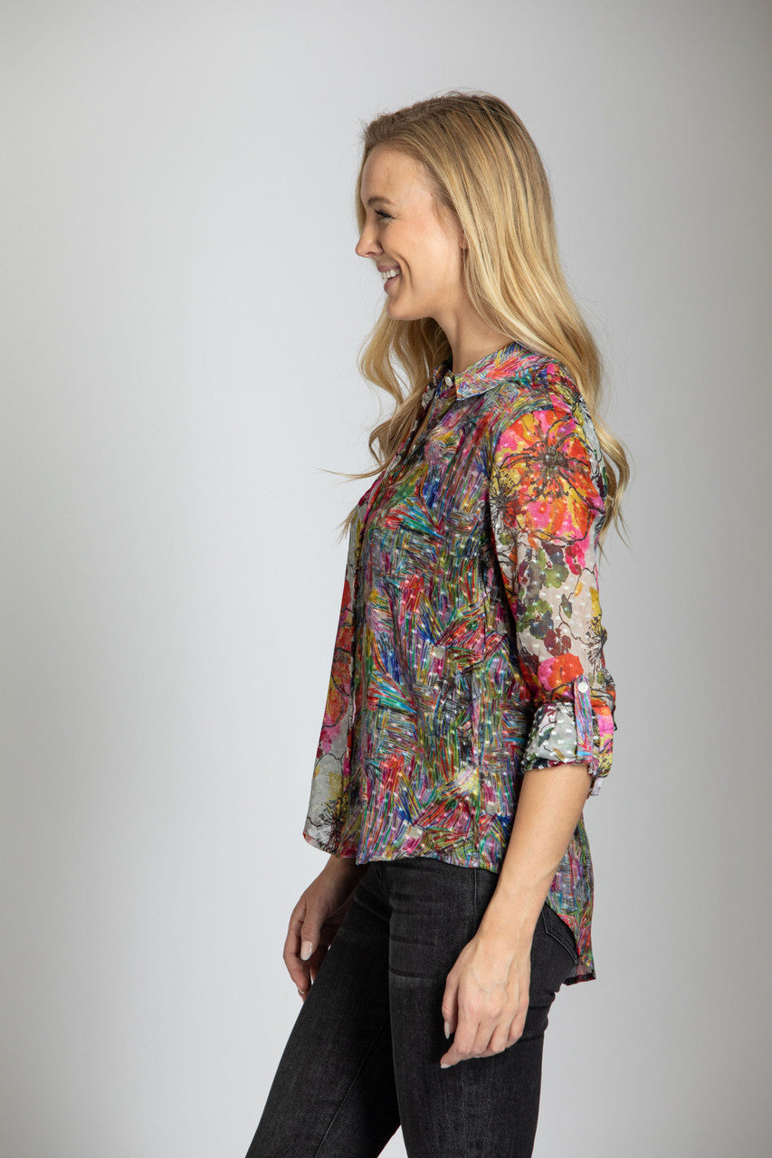 Button-up w/Roll Tab Slv. Pink Swiss Dot