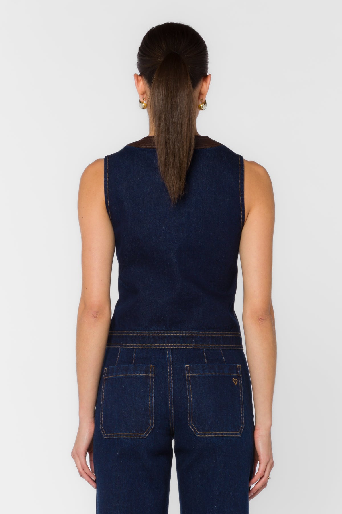 Denim Vest Trimmed with Leather