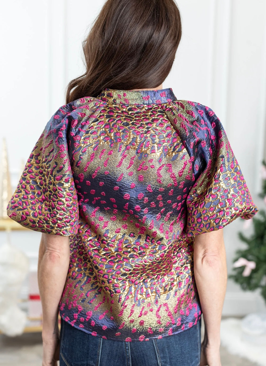 Puff Sleeve Metallic Brocade Top